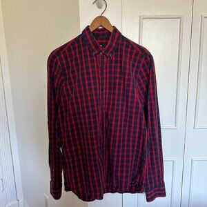 Ben Sherman Men’s Red Navy Plaid Button-Down Shirt Size Medium 100% Cotton